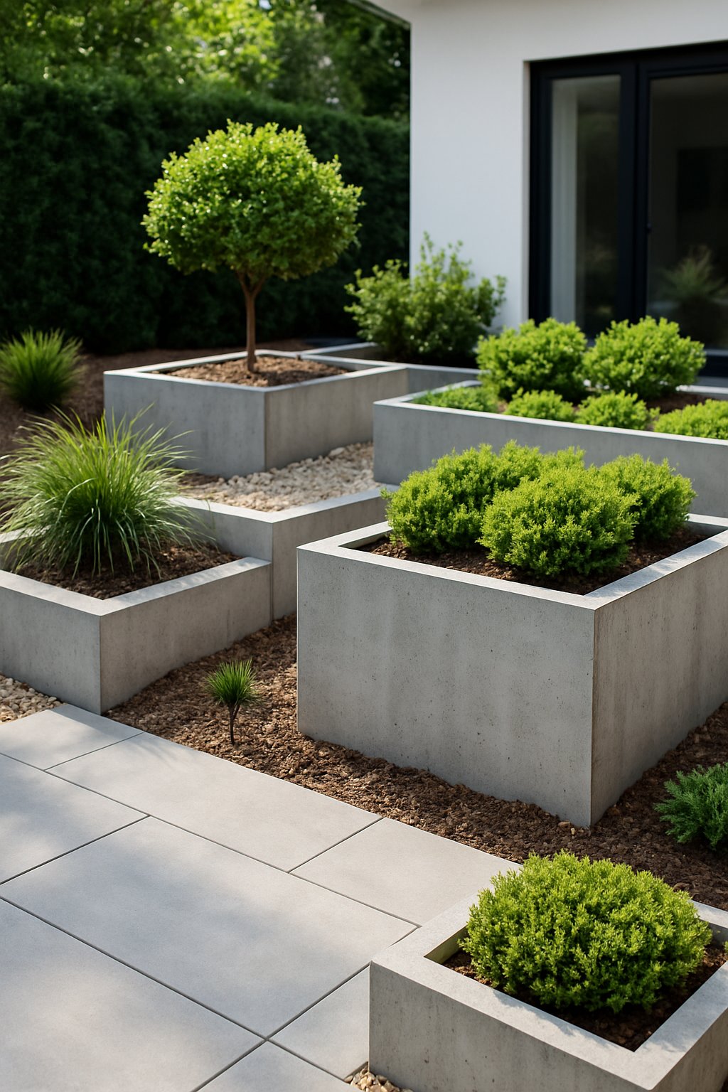 A modern backyard with concrete planters filled with green plants arranged on a clean patio.