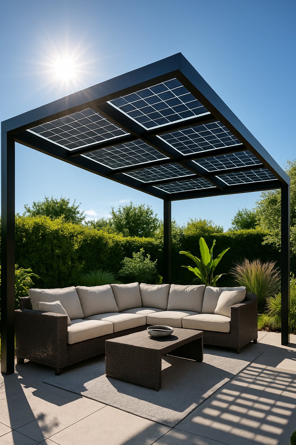 Outdoor patio with a pergola roof made of solar panels over a seating area surrounded by green plants.