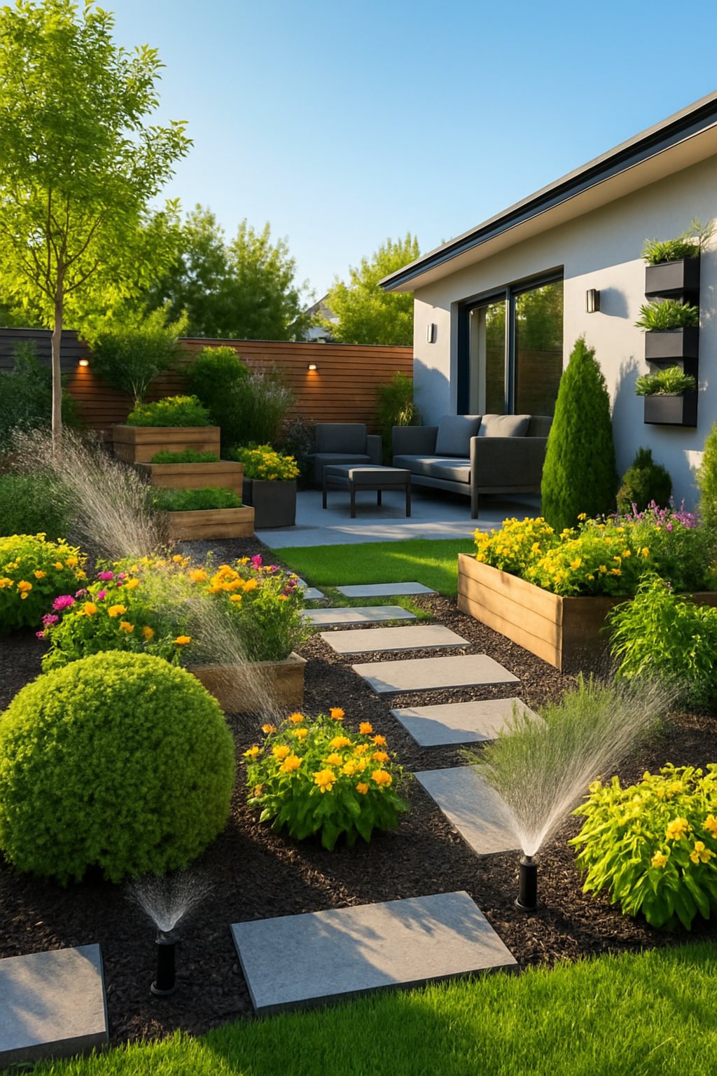 A modern backyard with lush plants being watered by automated sprinklers, surrounded by various landscaping features and outdoor furniture.