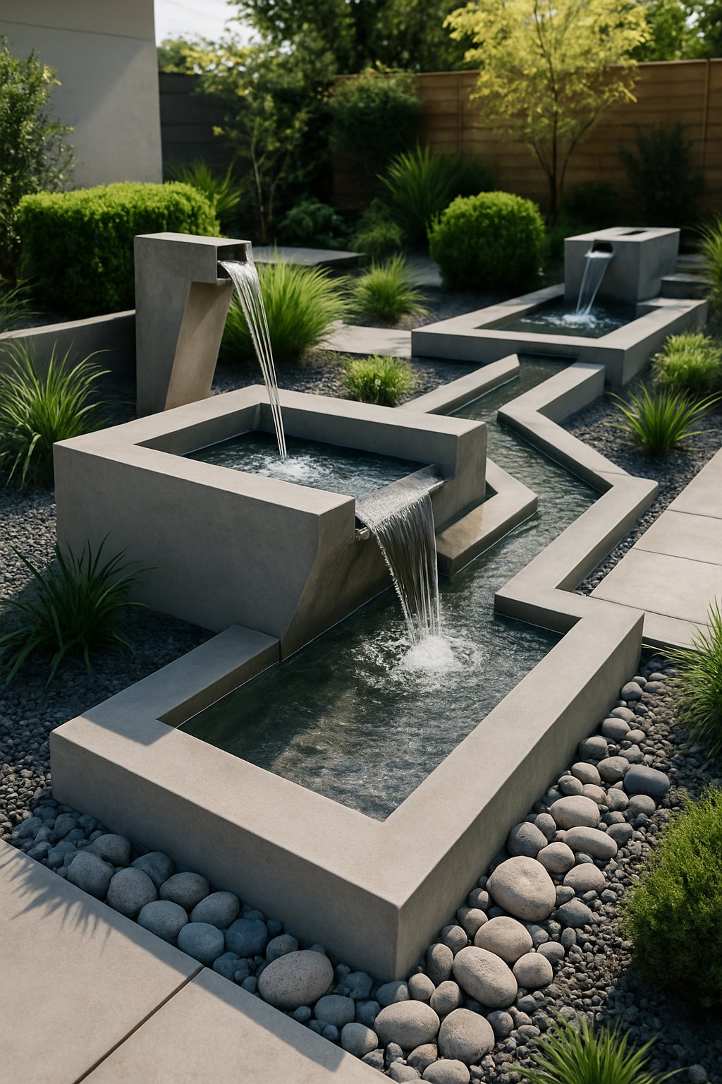 A modern backyard with angular water features surrounded by plants and stones.