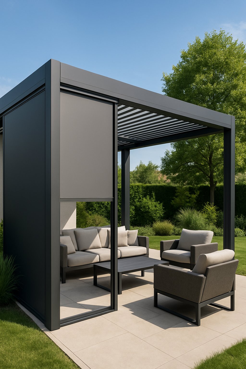 A modern outdoor pergola with sliding panels partially open, set in a backyard with greenery and outdoor furniture.