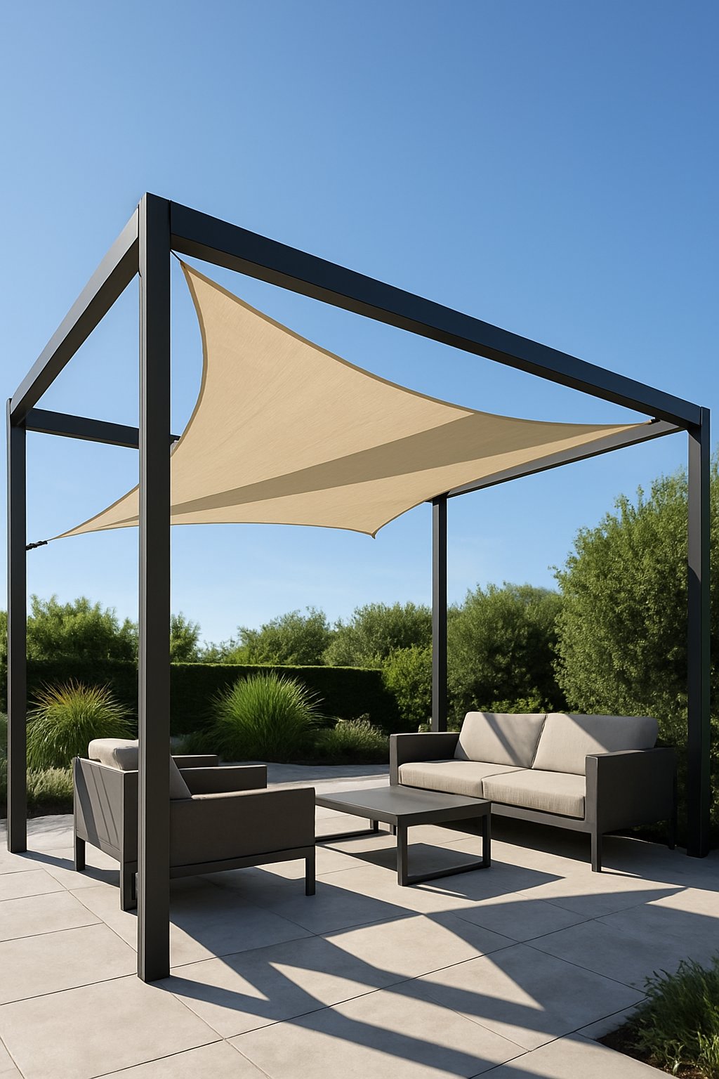 An outdoor pergola with a shade sail roof in a sunny garden setting surrounded by plants and modern furniture.