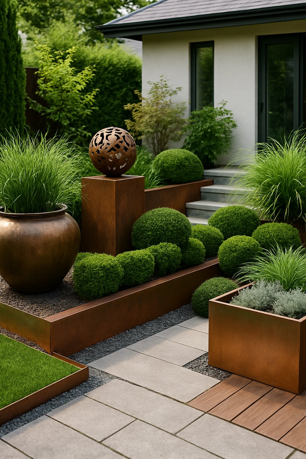 A modern backyard with green plants, stone pathways, wooden decking, and decorative bronze, steel, and copper metal accents integrated into the garden.