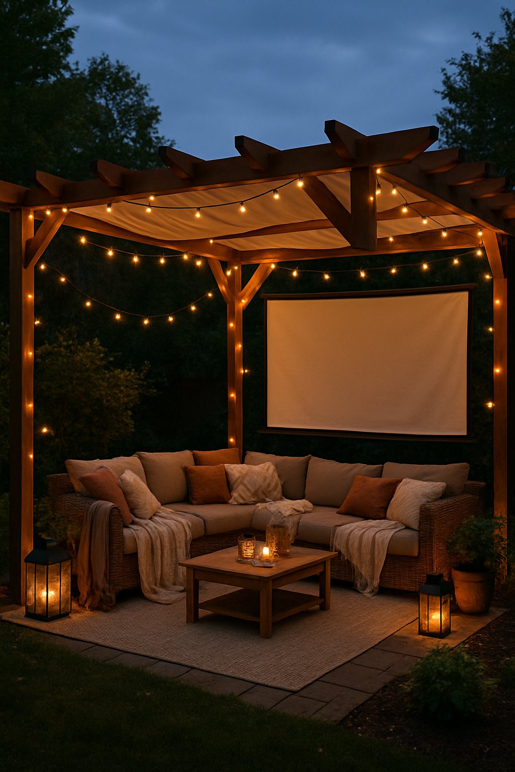 Outdoor wooden pergola with fabric canopy and fairy lights over a cozy seating area surrounded by plants.