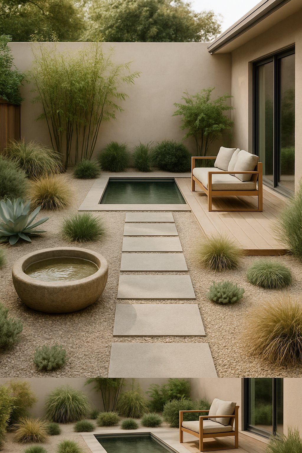 A modern backyard with stone pathways, wooden decking, gravel areas, and various plants arranged around a small water feature and seating area.