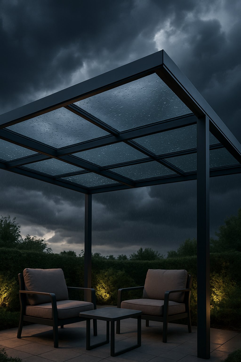 A glass roof pergola over an outdoor seating area with storm clouds gathering in the sky above.