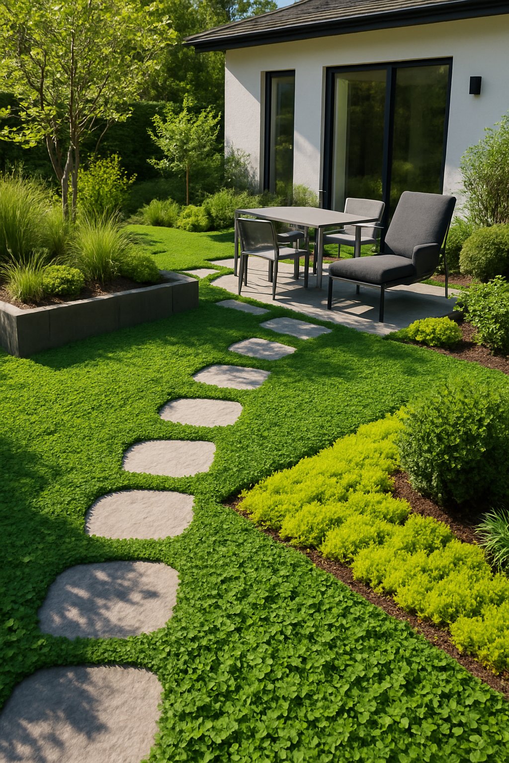A modern backyard with green clover and sedum plants covering the ground, stone pathways, and outdoor furniture under natural sunlight.