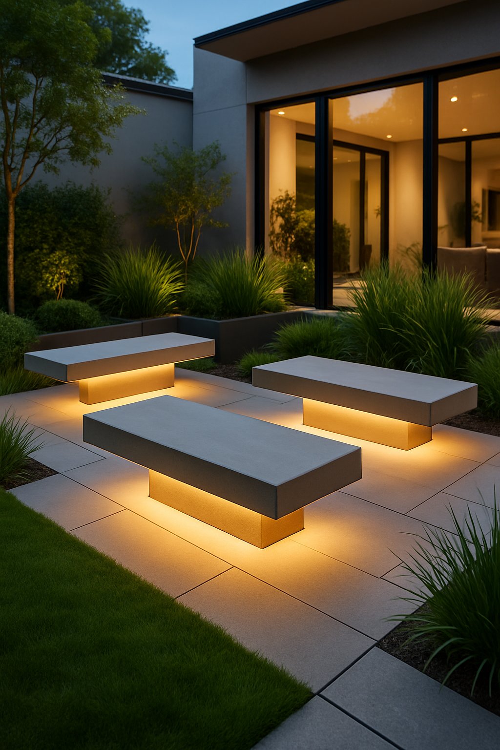 A modern backyard with floating benches surrounded by green plants and stone pathways, creating a relaxing outdoor seating area.