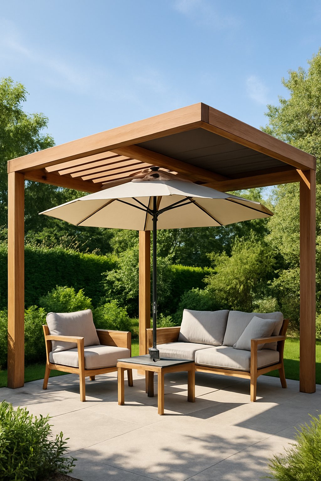 Outdoor pergola with an umbrella roof providing shade over a seating area in a sunny garden.