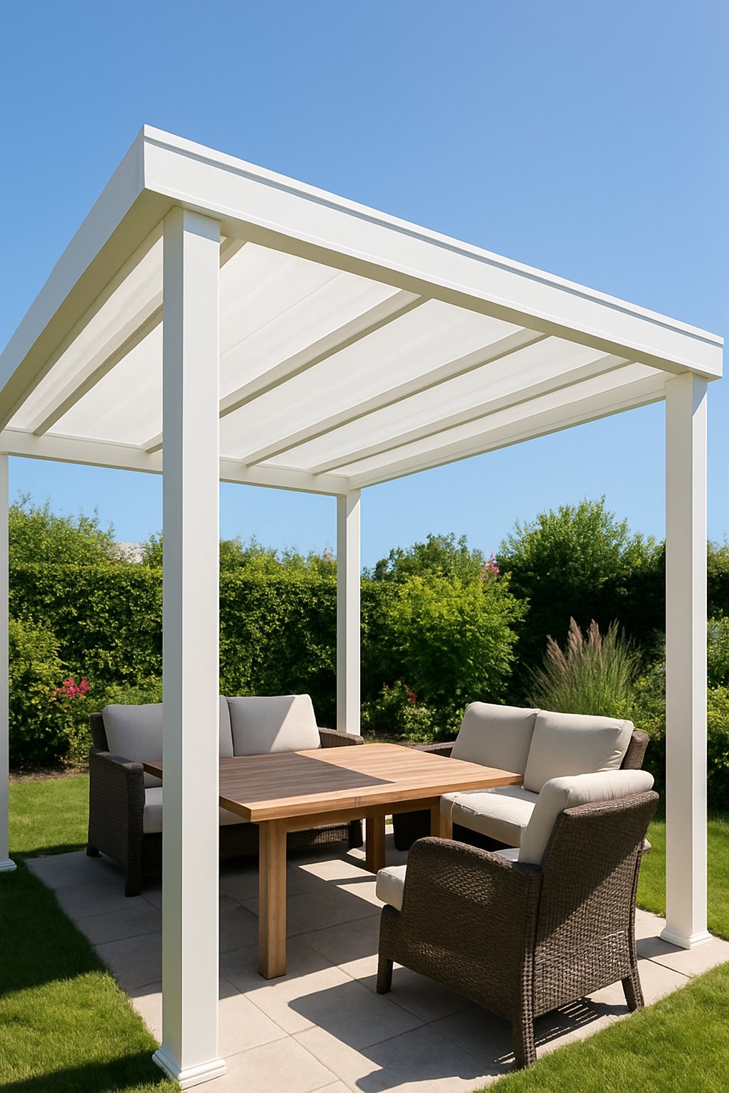 A clean white vinyl pergola with a roof over an outdoor seating area in a bright backyard with green grass and plants.