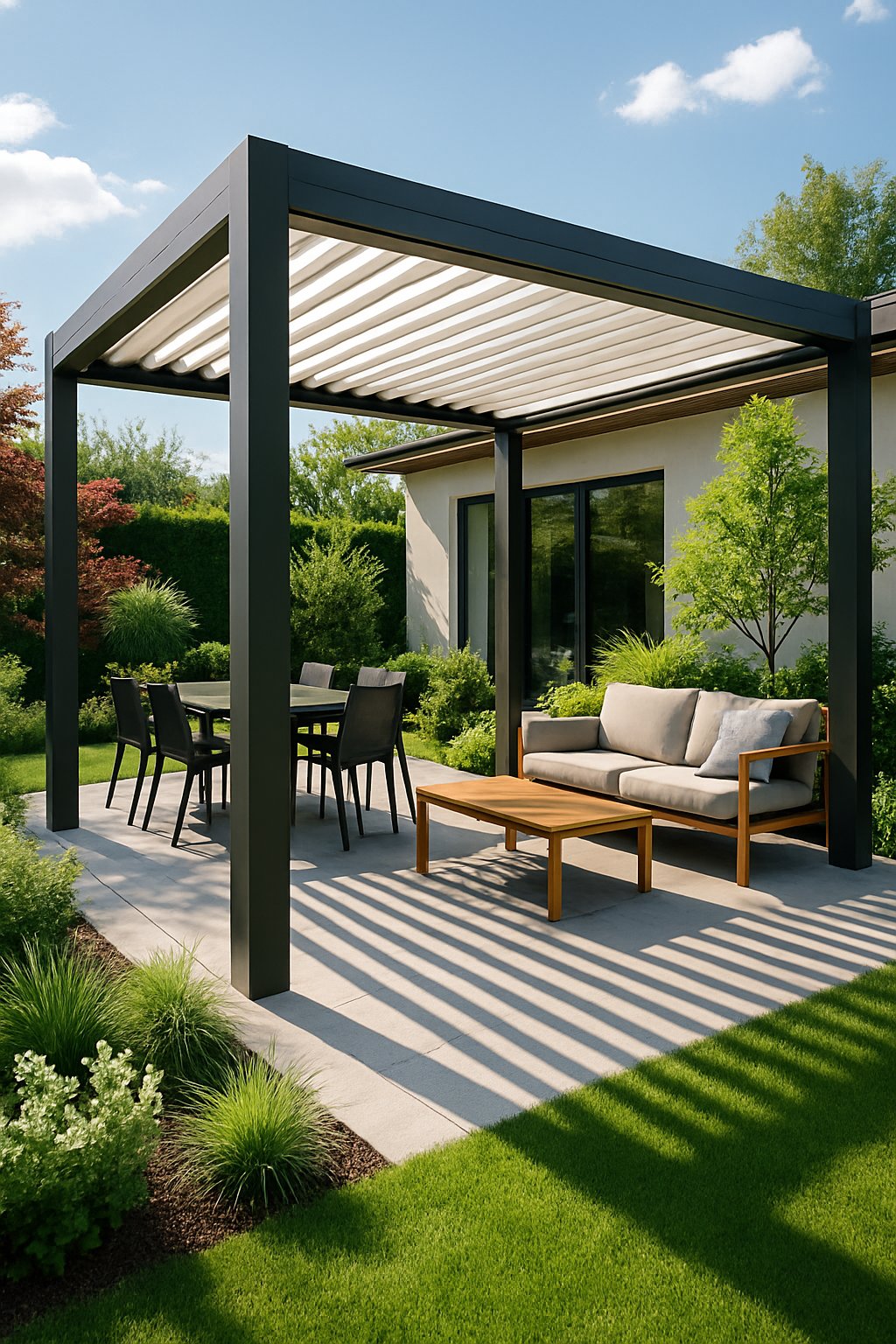 Backyard with a modern pergola featuring a partially open retractable roof, surrounded by plants and outdoor furniture.