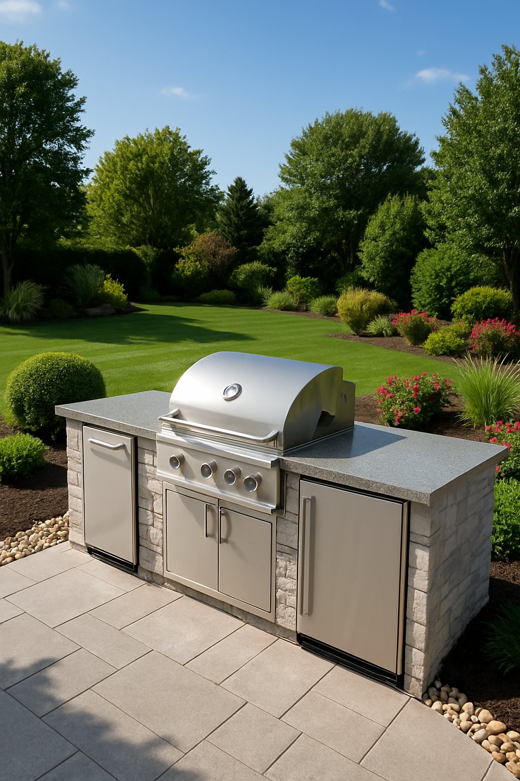 An outdoor kitchen with stainless steel appliances surrounded by green grass, plants, and outdoor seating in a backyard.