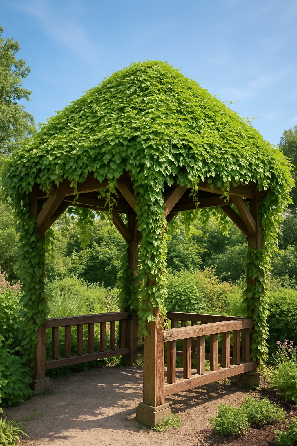 A wooden pergola with a roof covered in green ivy vines in a garden setting with plants and sunlight.