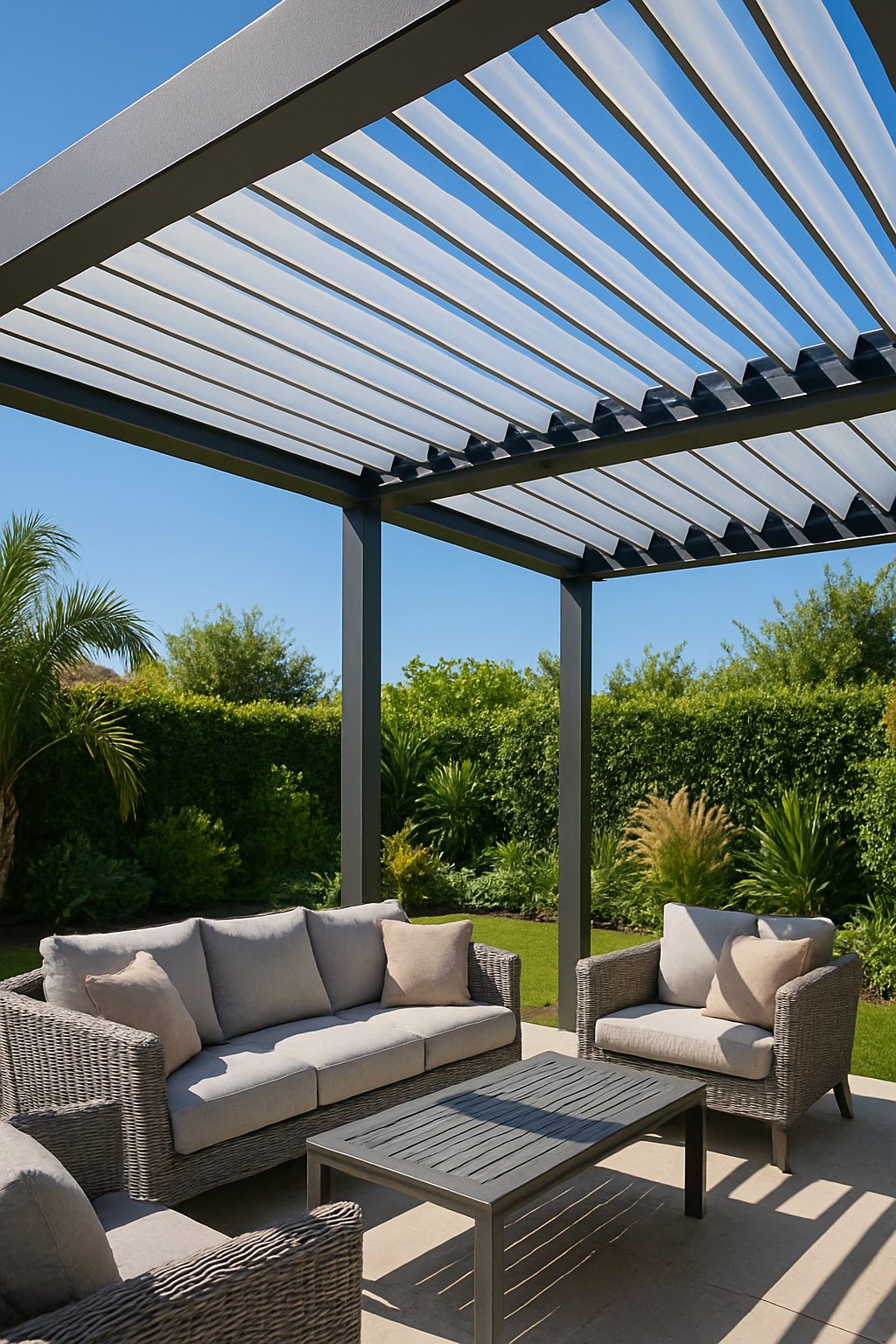 An outdoor pergola with an adjustable polycarbonate slatted roof partially open, sunlight filtering through onto outdoor furniture in a sunny backyard.