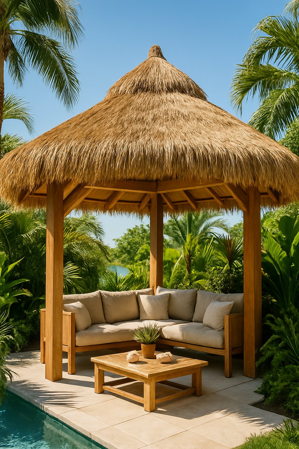 A thatched roof pergola with wooden beams surrounded by tropical plants and outdoor seating in a backyard.