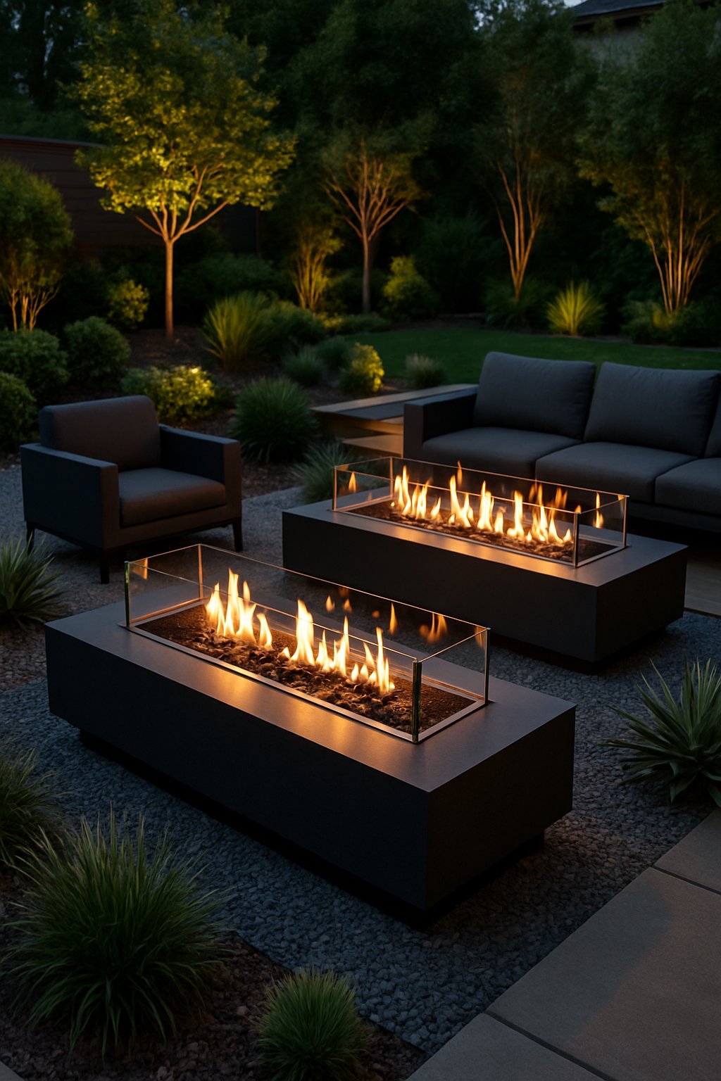 A backyard with modern fire tables surrounded by plants and outdoor furniture.
