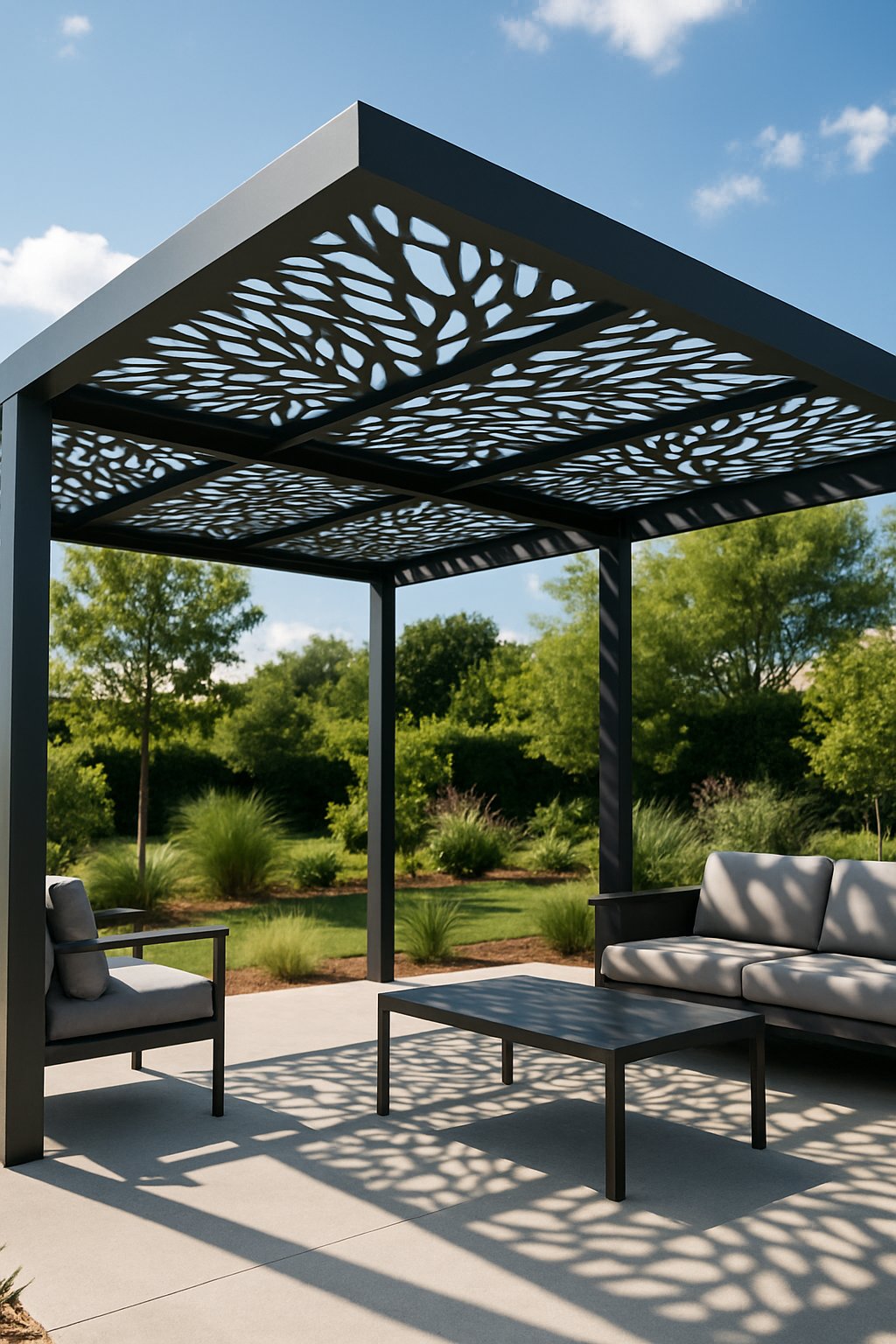 Outdoor metal pergola with a roof featuring decorative cutouts casting patterned shadows on the ground.