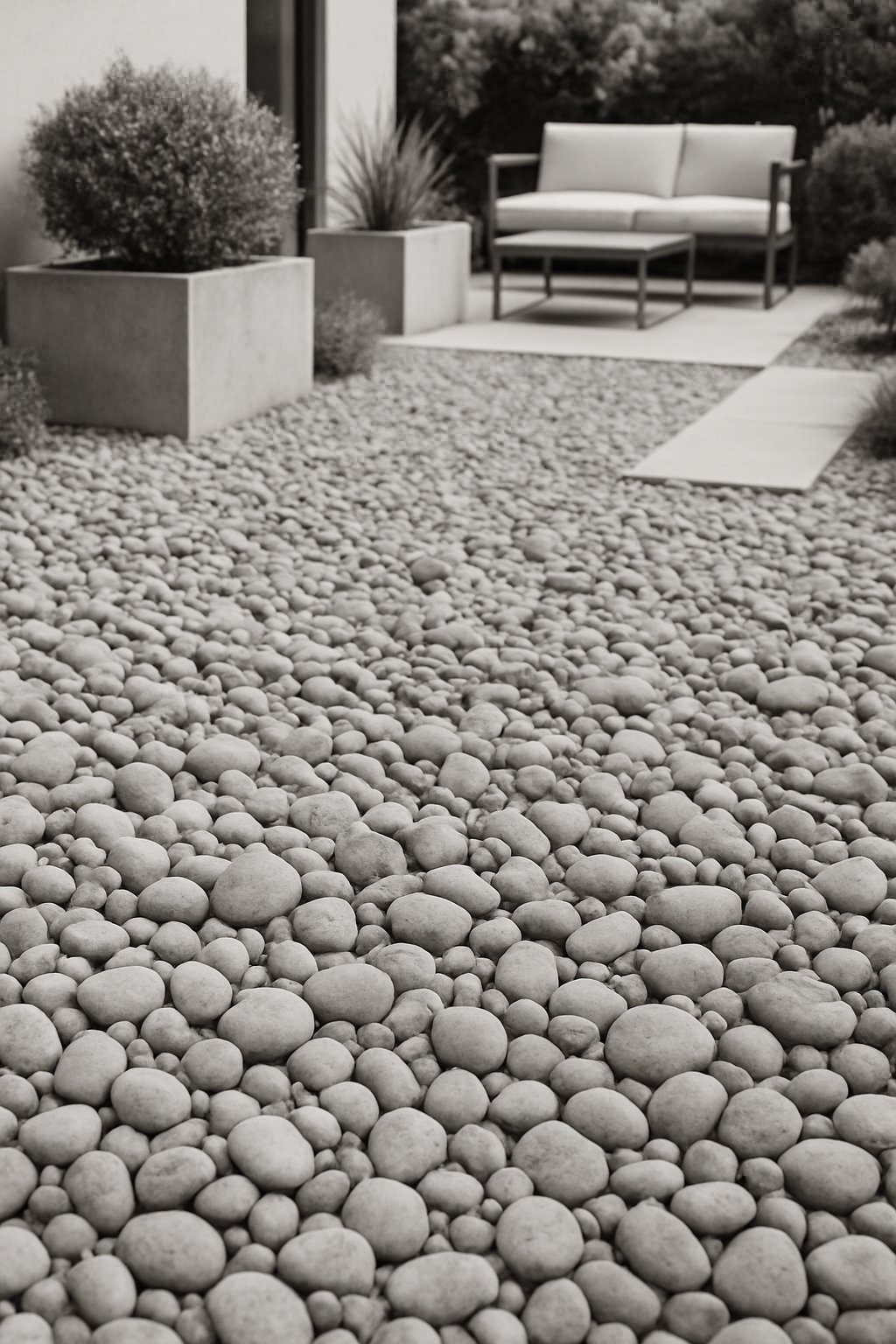 A modern backyard with smooth pebble mulch covering the ground, surrounded by planters and outdoor furniture.