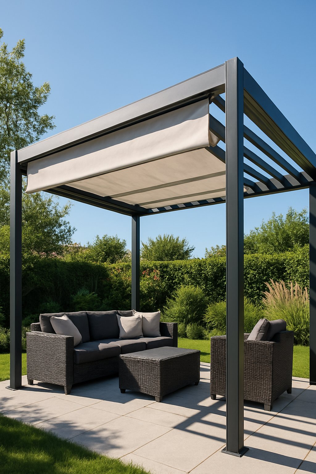 An outdoor pergola with a partially extended retractable awning providing shade over patio furniture in a sunny garden setting.