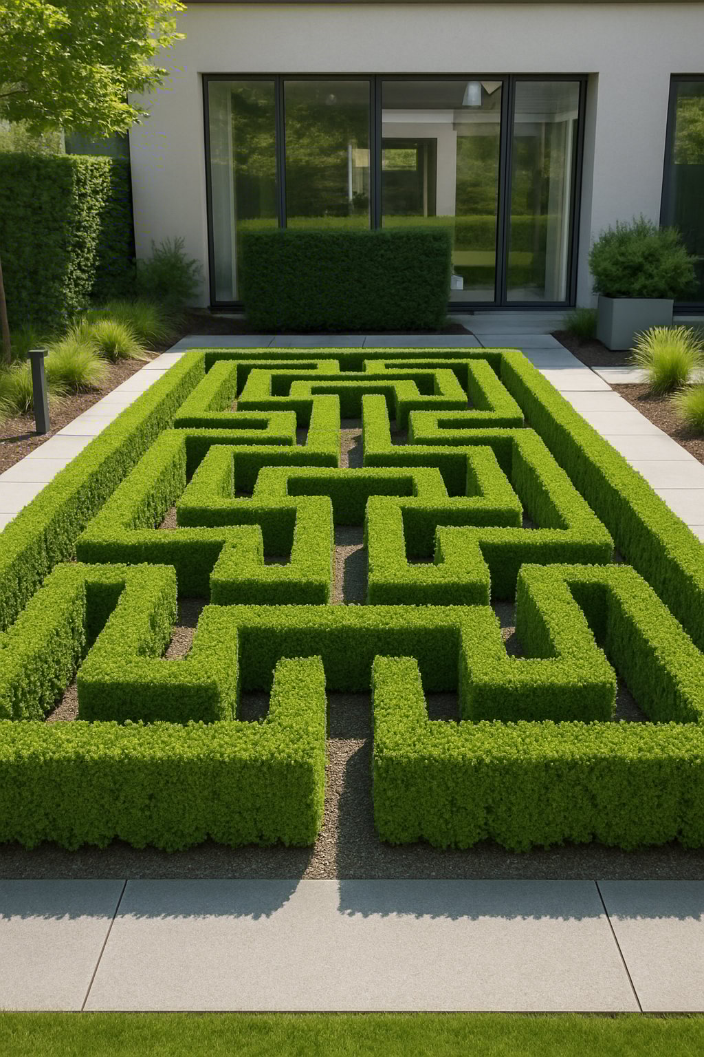 Symmetrical green hedge maze in a modern backyard garden with stone pathways and a contemporary house in the background.