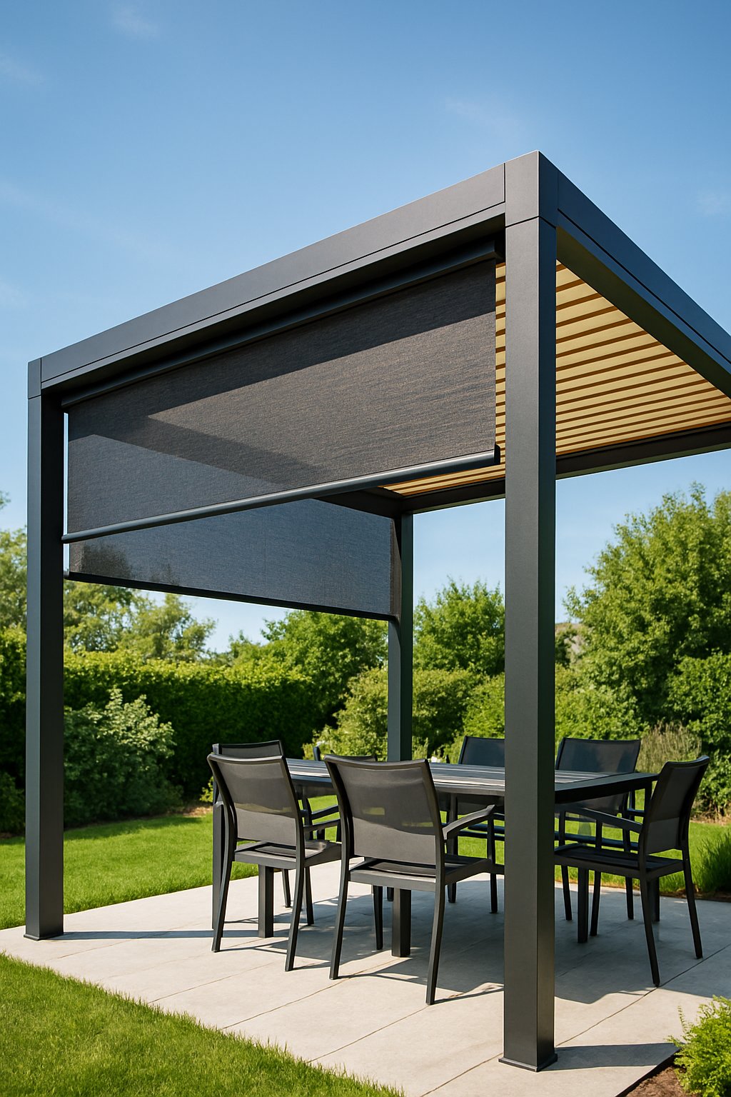 Outdoor pergola with a roof fitted with retractable solar shades in a sunny backyard with green plants.