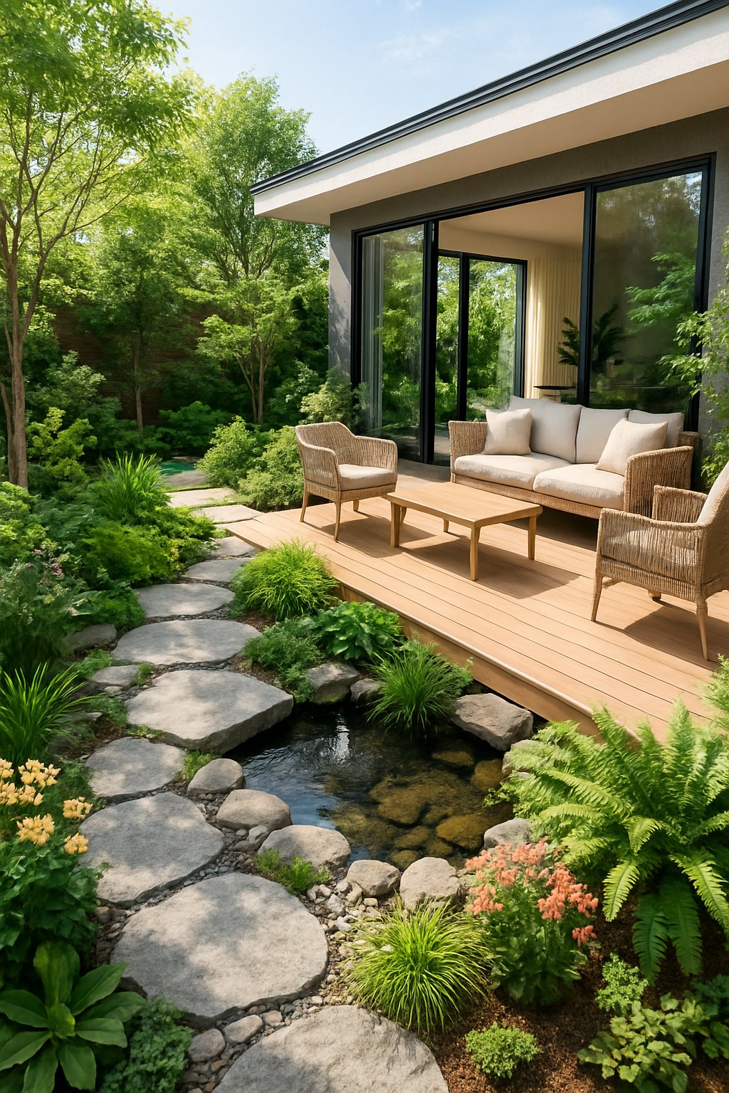 A modern backyard with lush plants, wooden decking, stone pathways, a water feature, and outdoor seating connected to the house by large glass doors.