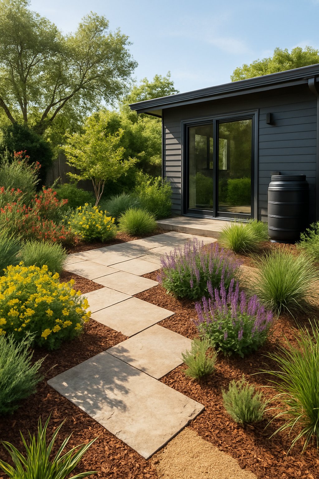 A modern backyard with native plants, stone patio, and eco-friendly landscaping elements under natural sunlight.