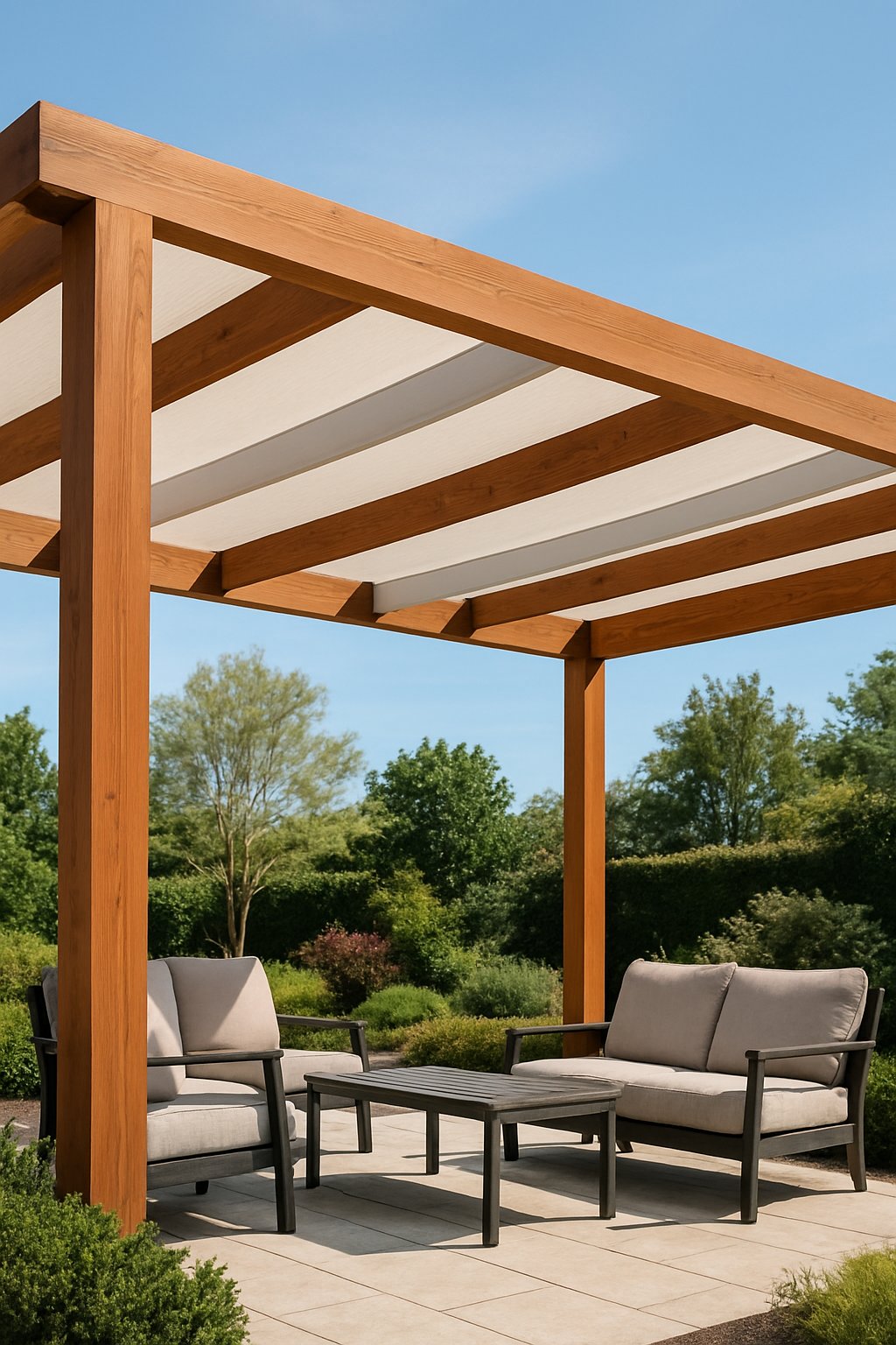 A 24-foot pergola with a mixed wood and fabric roof over an outdoor patio with chairs and a table, surrounded by greenery.