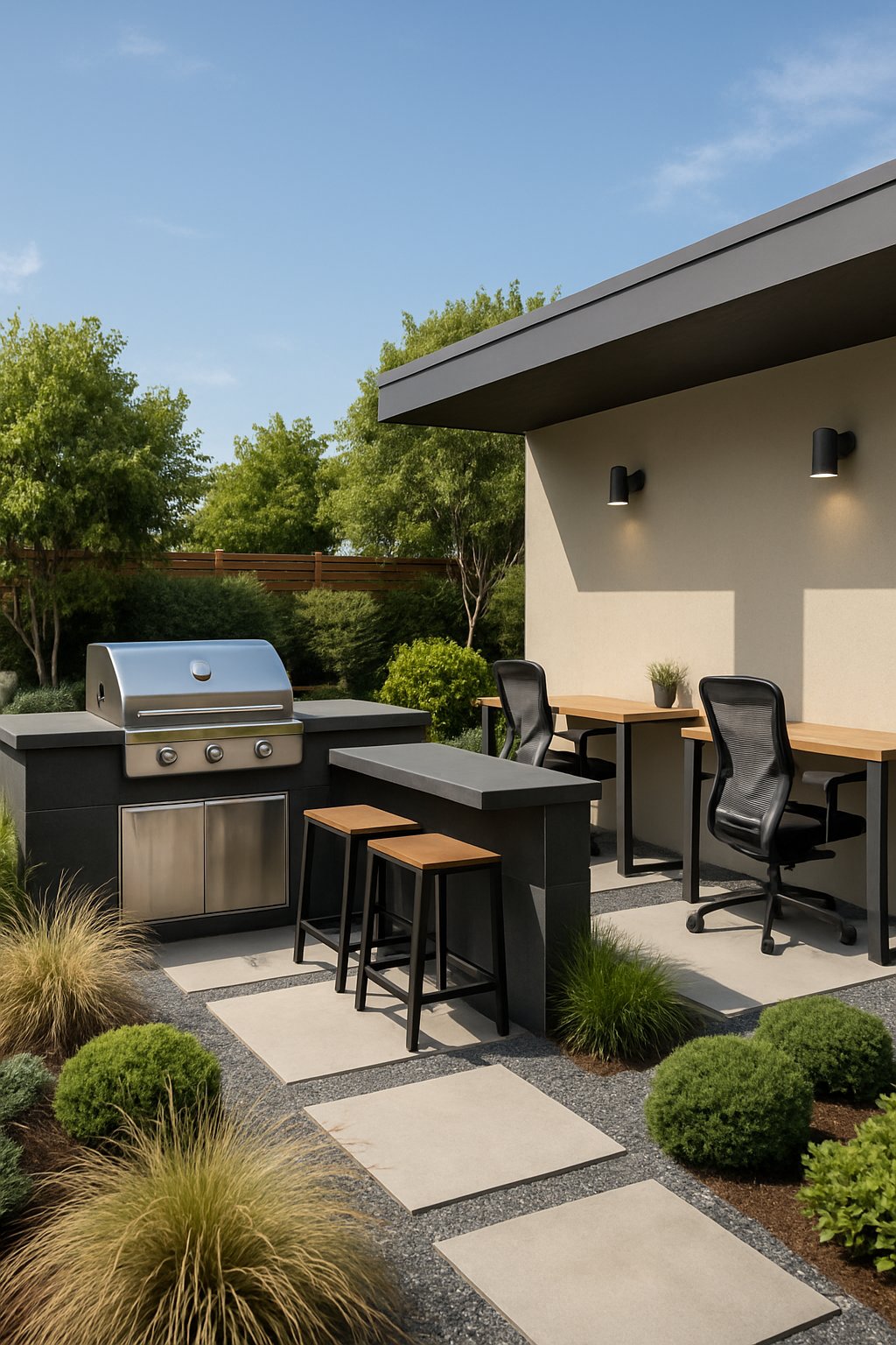 A modern backyard with an outdoor BBQ area next to workspace nooks surrounded by plants and stone pathways.