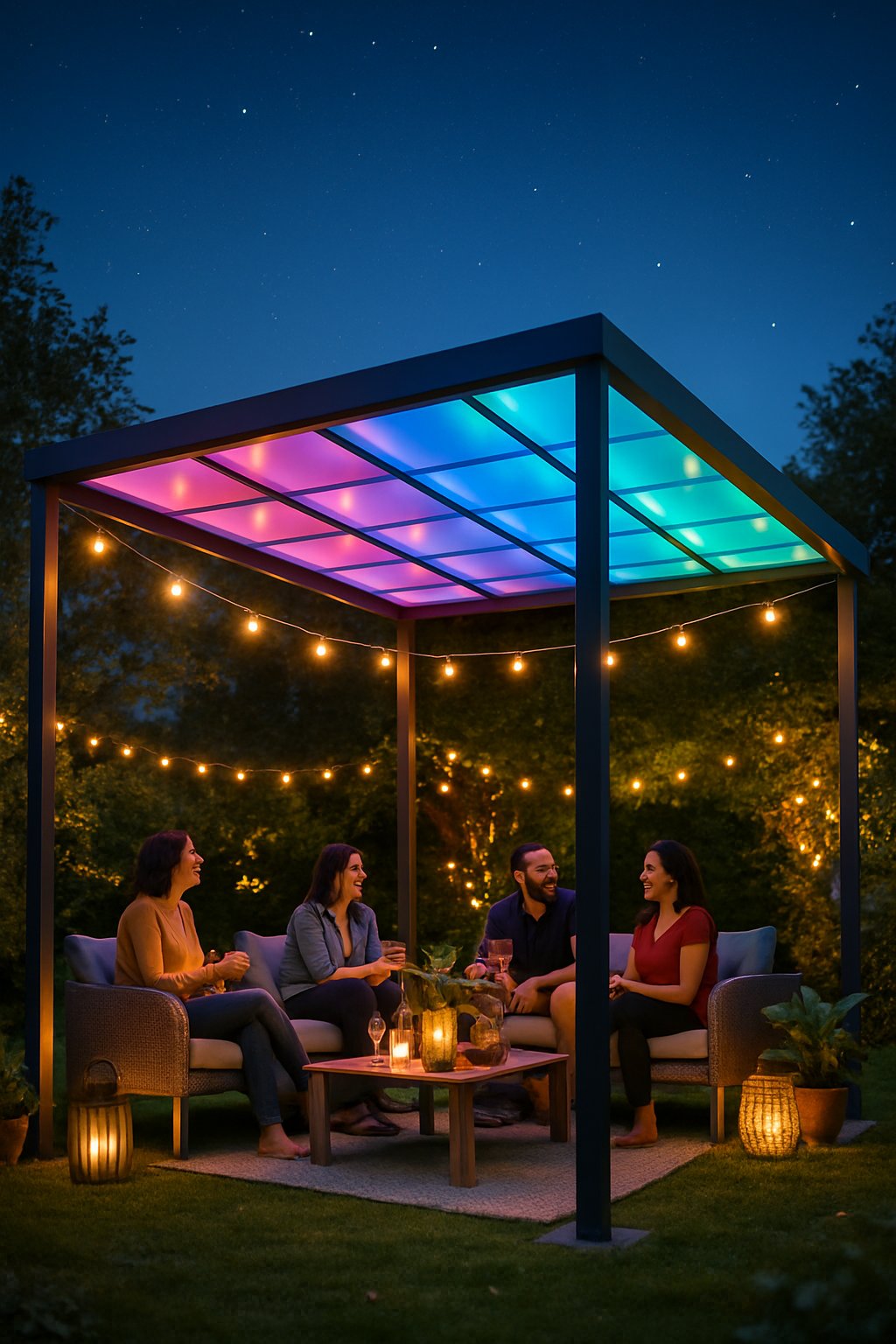An outdoor pergola with LED roof lighting in a garden at twilight, with people enjoying a party under the illuminated structure.