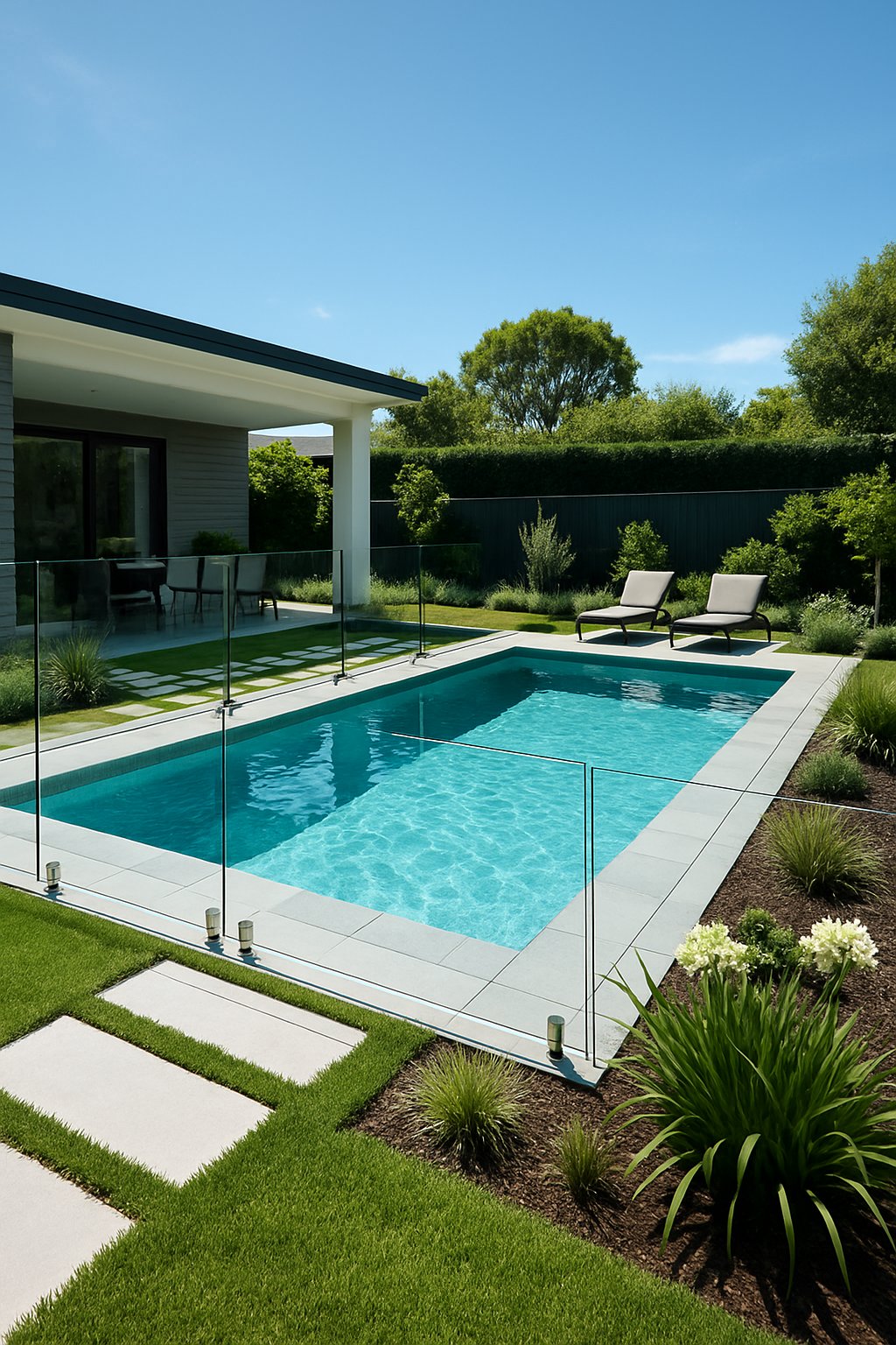 A modern backyard with a swimming pool surrounded by clear glass fences and landscaped greenery.