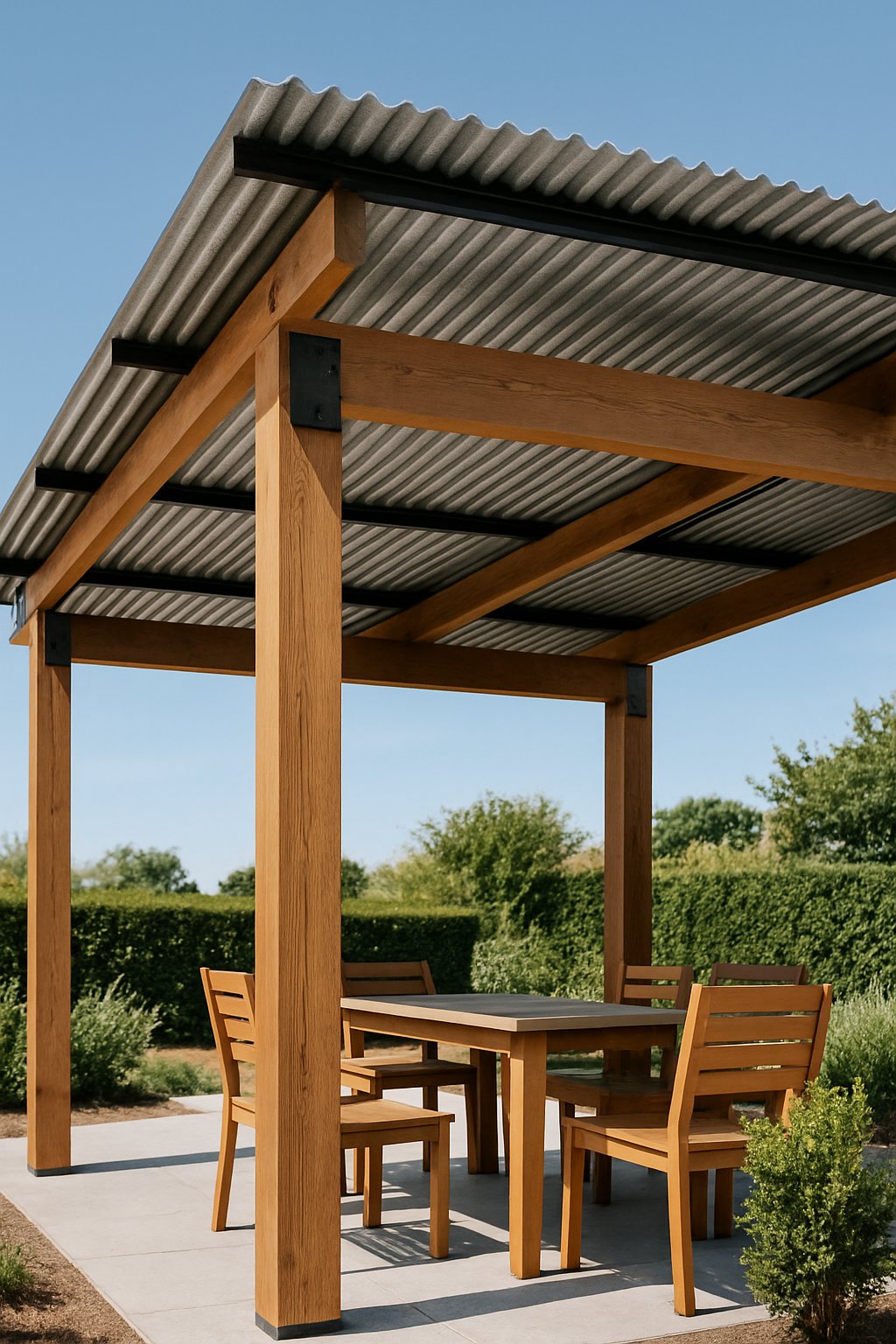 An outdoor pergola with wooden beams and a corrugated metal roof in a sunny garden setting.