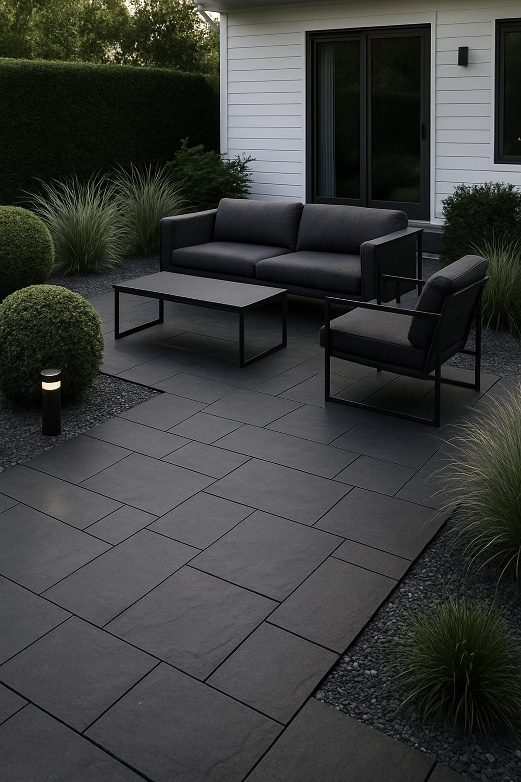 A backyard patio paved with dark slate or black stones surrounded by green plants and shrubs.