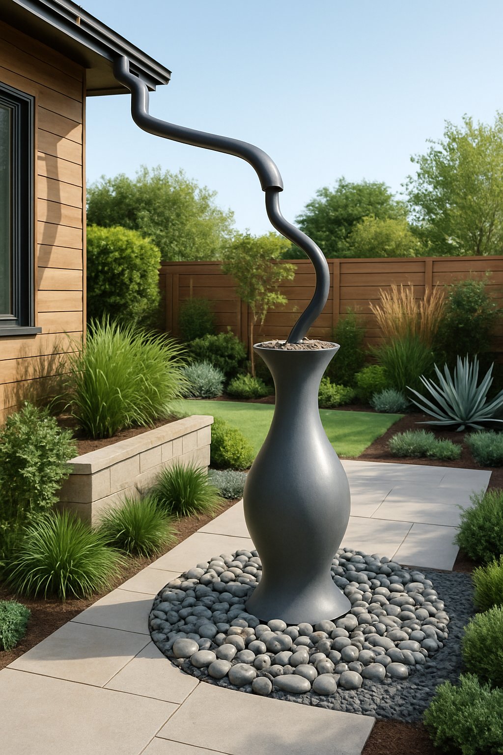 A modern backyard with an artistic rainwater collection system integrated among plants and landscaping features.
