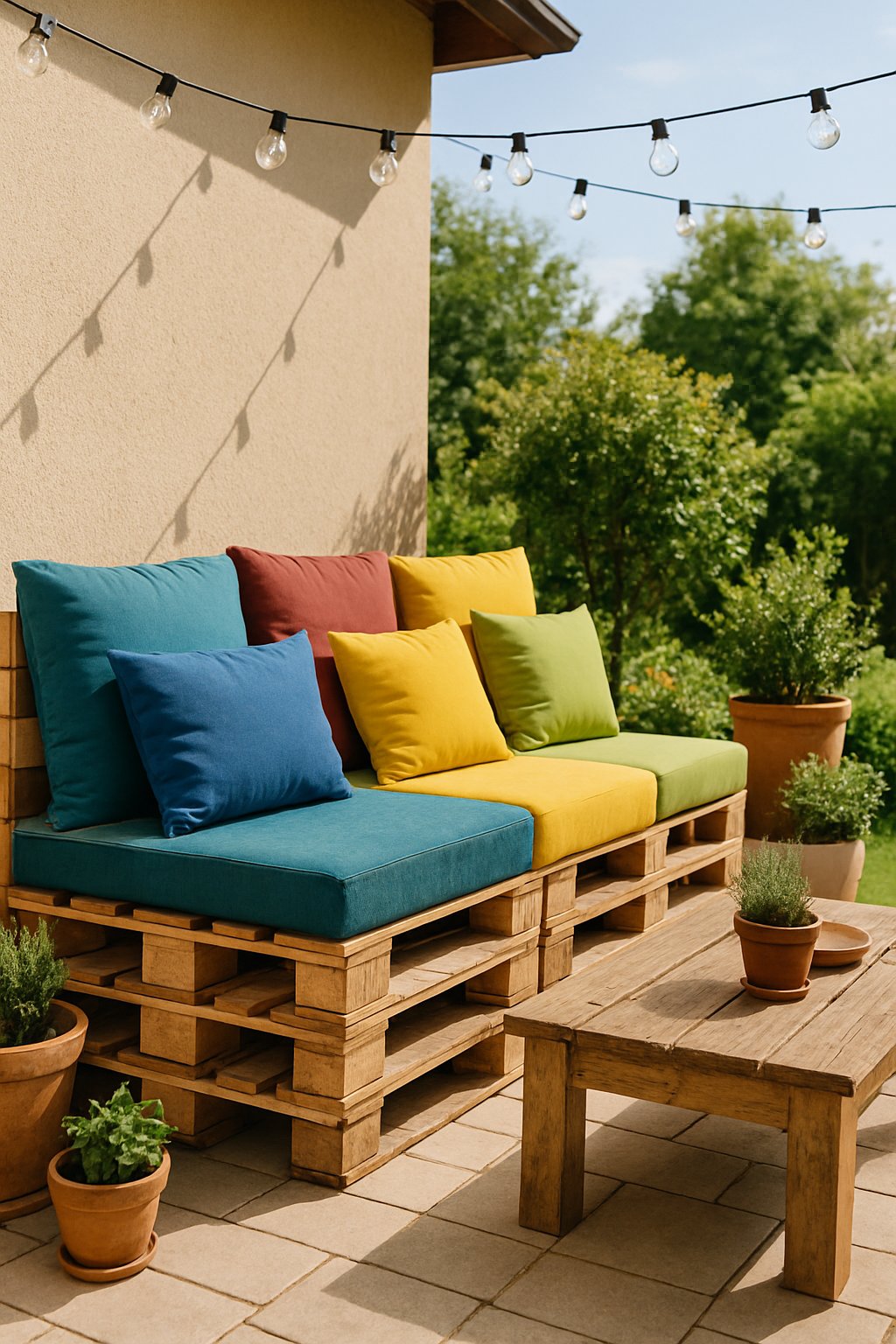 Outdoor back patio with a wooden pallet sofa covered in colorful cushions surrounded by plants and a wooden coffee table.