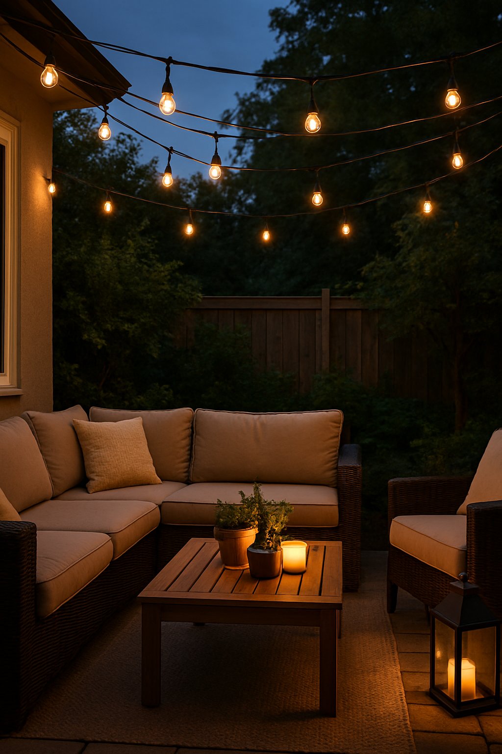 A cozy back patio with string lights hung crisscross overhead, outdoor seating, plants, and a wooden fence in the background.