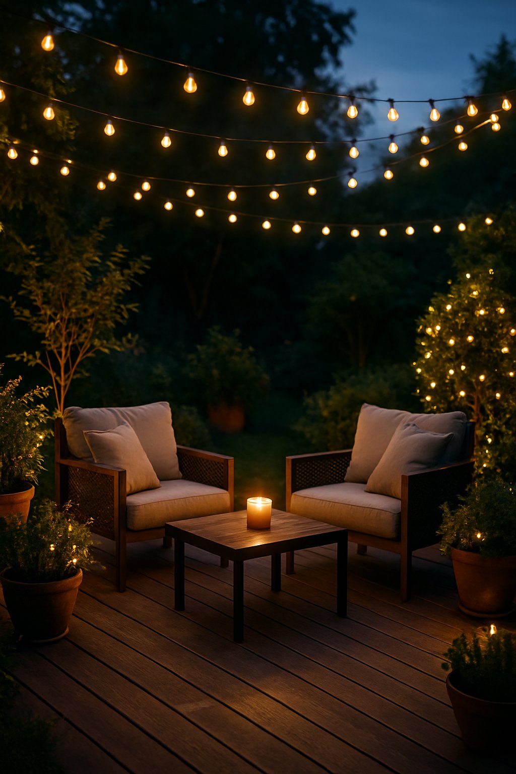 Outdoor patio at dusk decorated with warm glowing string fairy lights and cozy seating surrounded by plants.