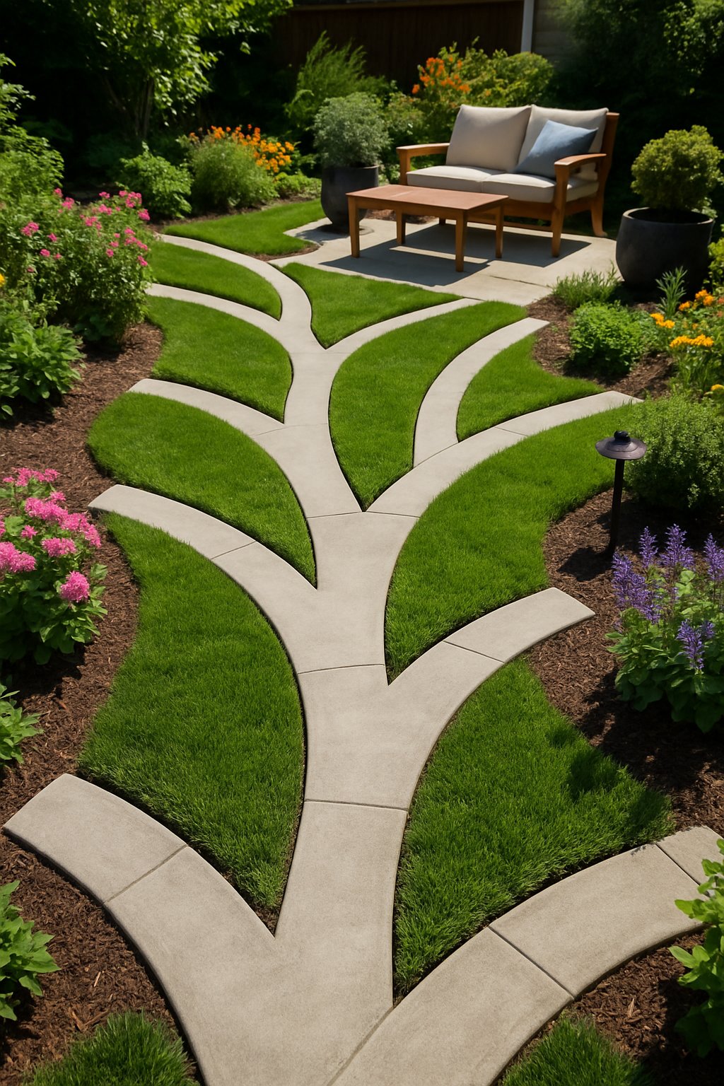 A backyard patio with concrete paver pathways shaped like tree branches surrounded by grass, plants, and garden furniture.