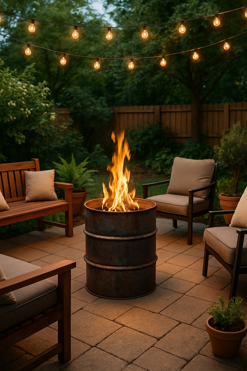 Backyard patio with a fire pit made from repurposed metal barrels surrounded by outdoor seating and plants.