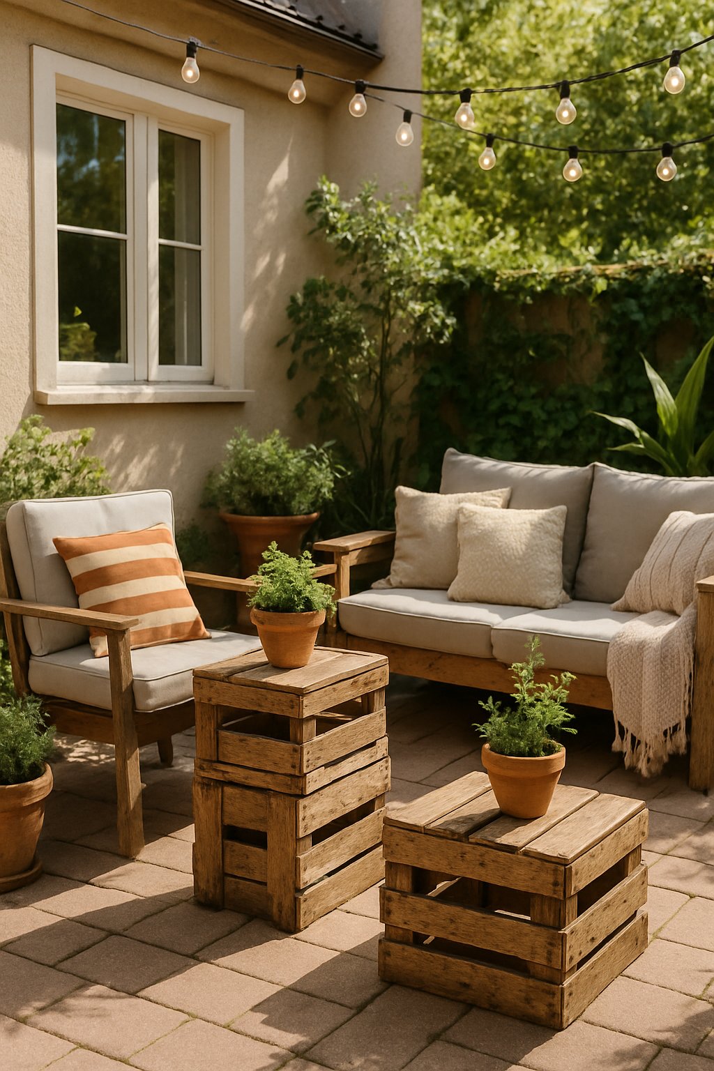 Outdoor back patio with upcycled wooden crates used as side tables next to seating and plants.