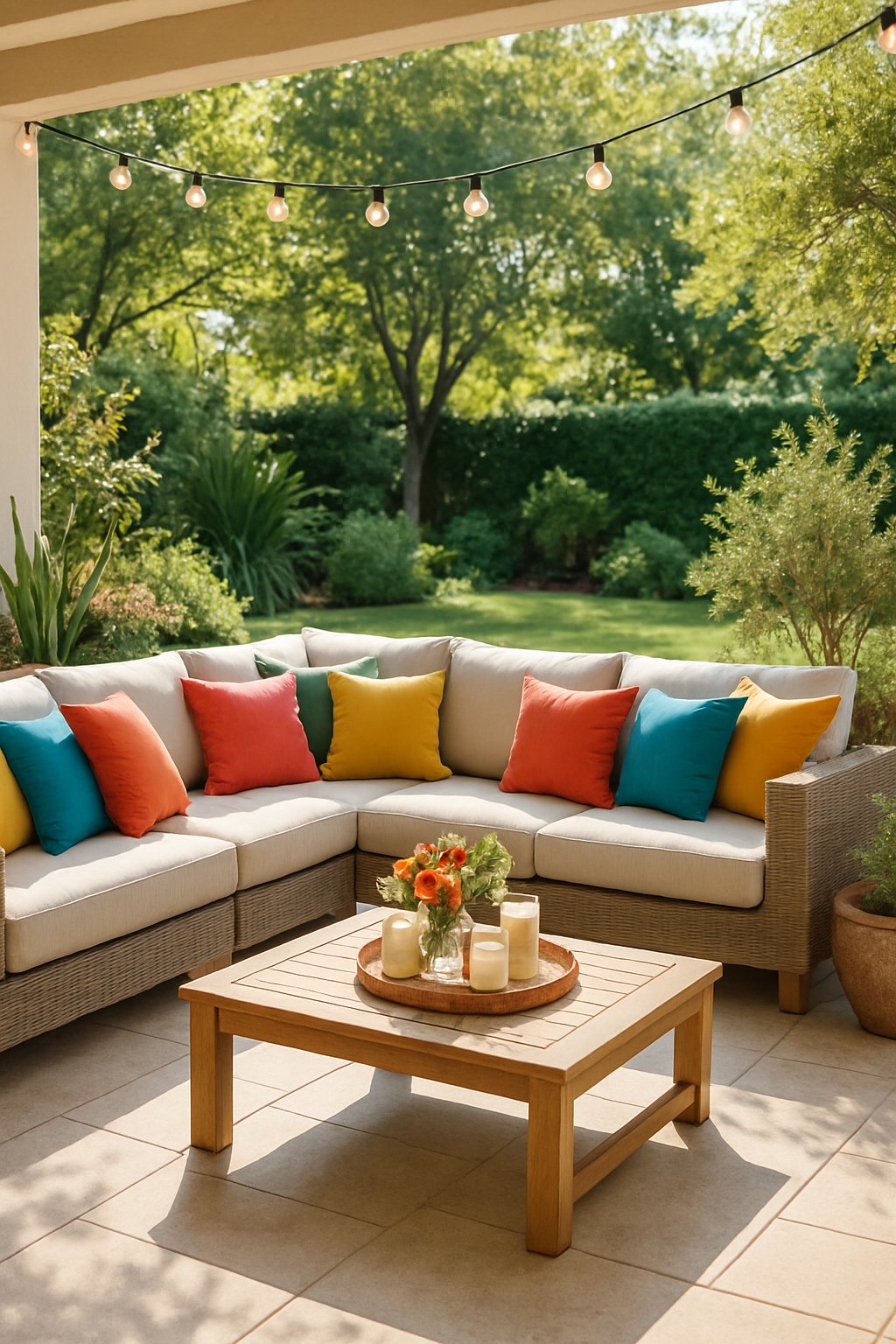 Outdoor patio with a large sectional sofa and colorful throw pillows surrounded by plants and soft natural light.