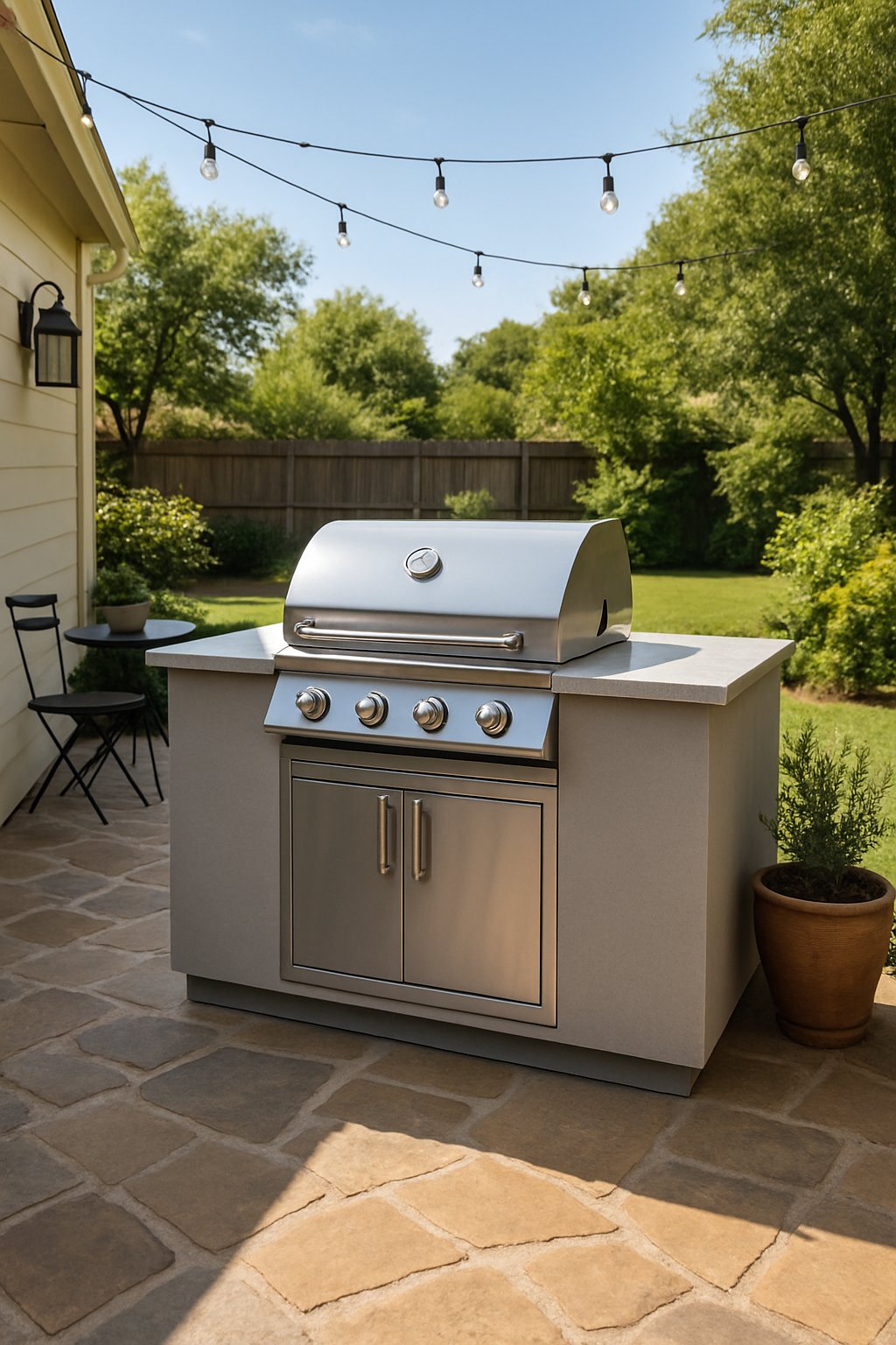 Outdoor kitchen with a simple grill island on a back patio surrounded by patio furniture and plants.