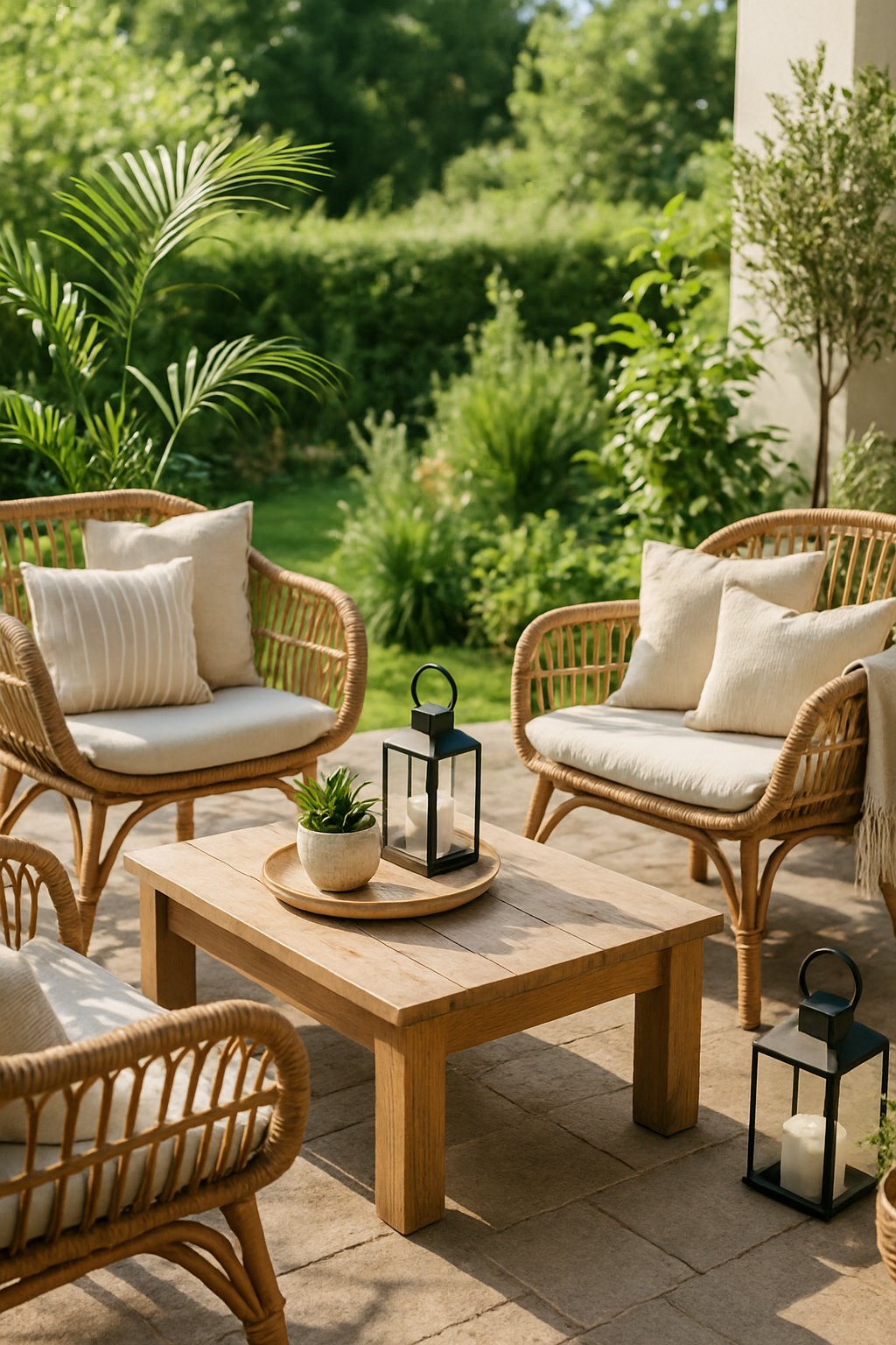 Outdoor patio with woven rattan chairs arranged around a low table surrounded by plants.