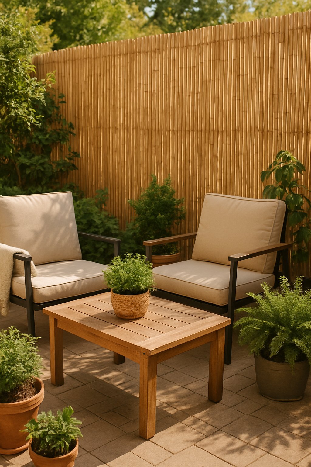 Back patio with bamboo fencing providing privacy, outdoor seating, and surrounding plants.