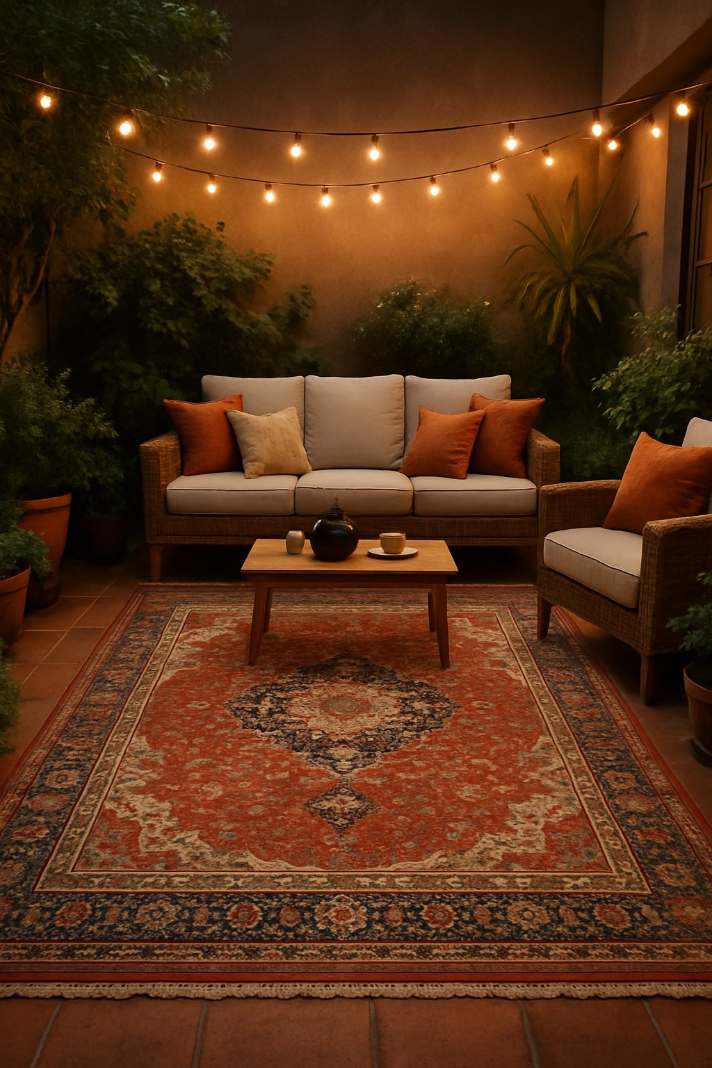 Outdoor patio with a vintage rug, comfortable seating, plants, and soft lighting creating a cozy atmosphere.