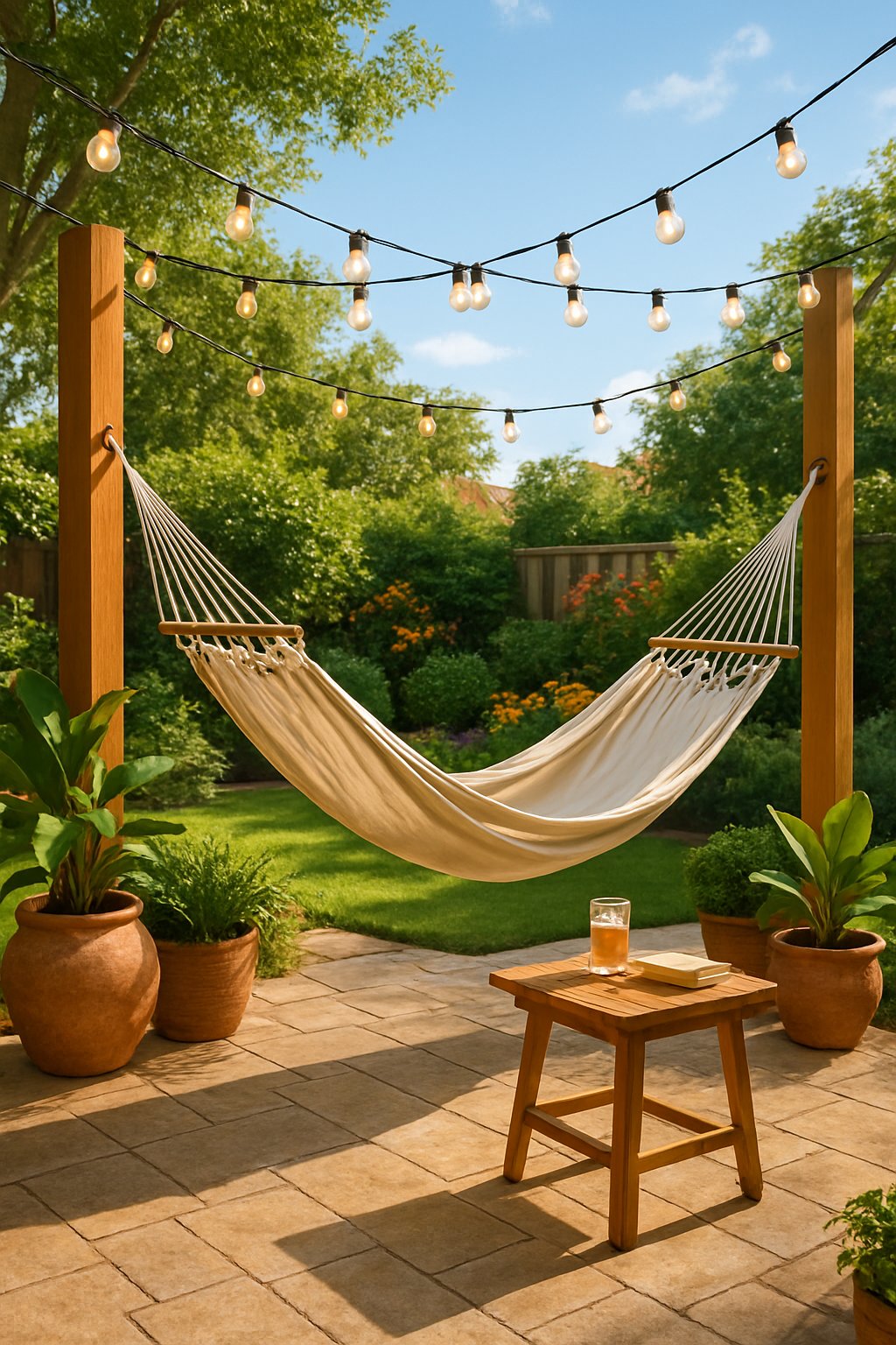 A hammock hanging on a patio surrounded by plants, a side table with a drink and book, and garden greenery in the background.