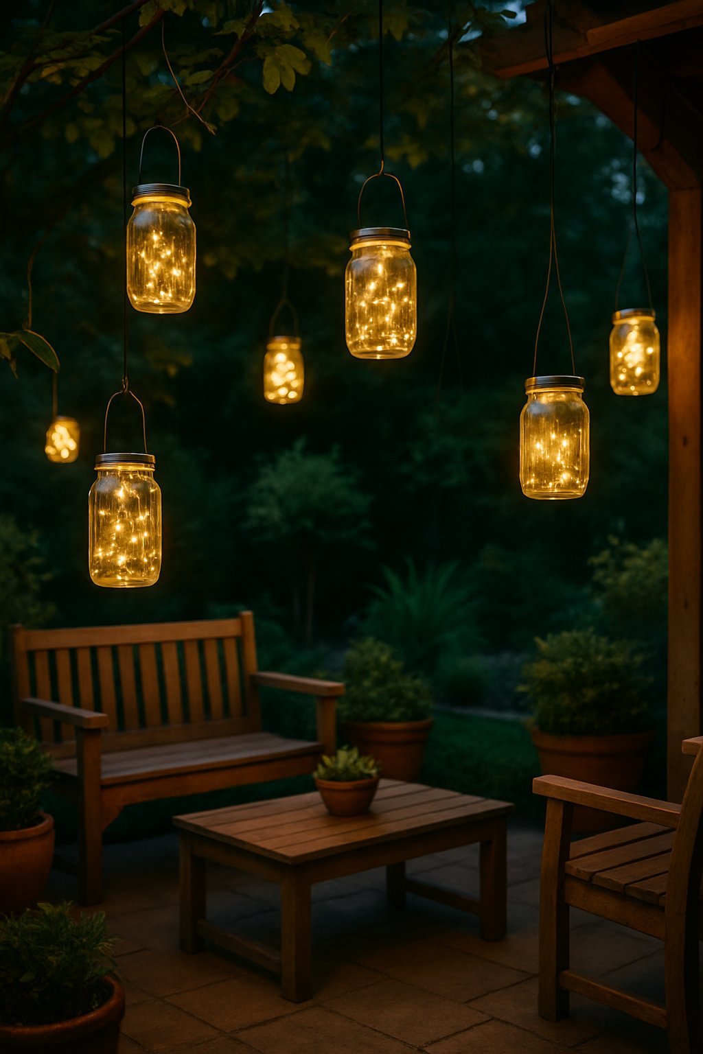 Back patio with hanging mason jar lanterns filled with fairy lights illuminating a cozy outdoor seating area surrounded by plants.