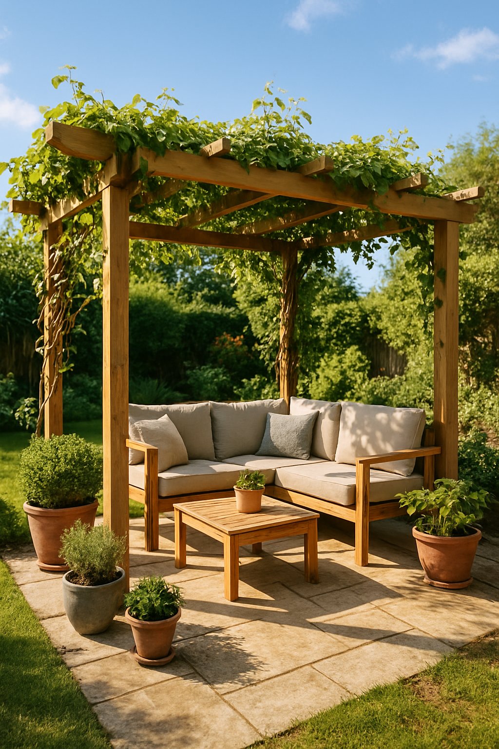 Backyard patio with a wooden pergola covered in climbing vines and outdoor seating underneath.