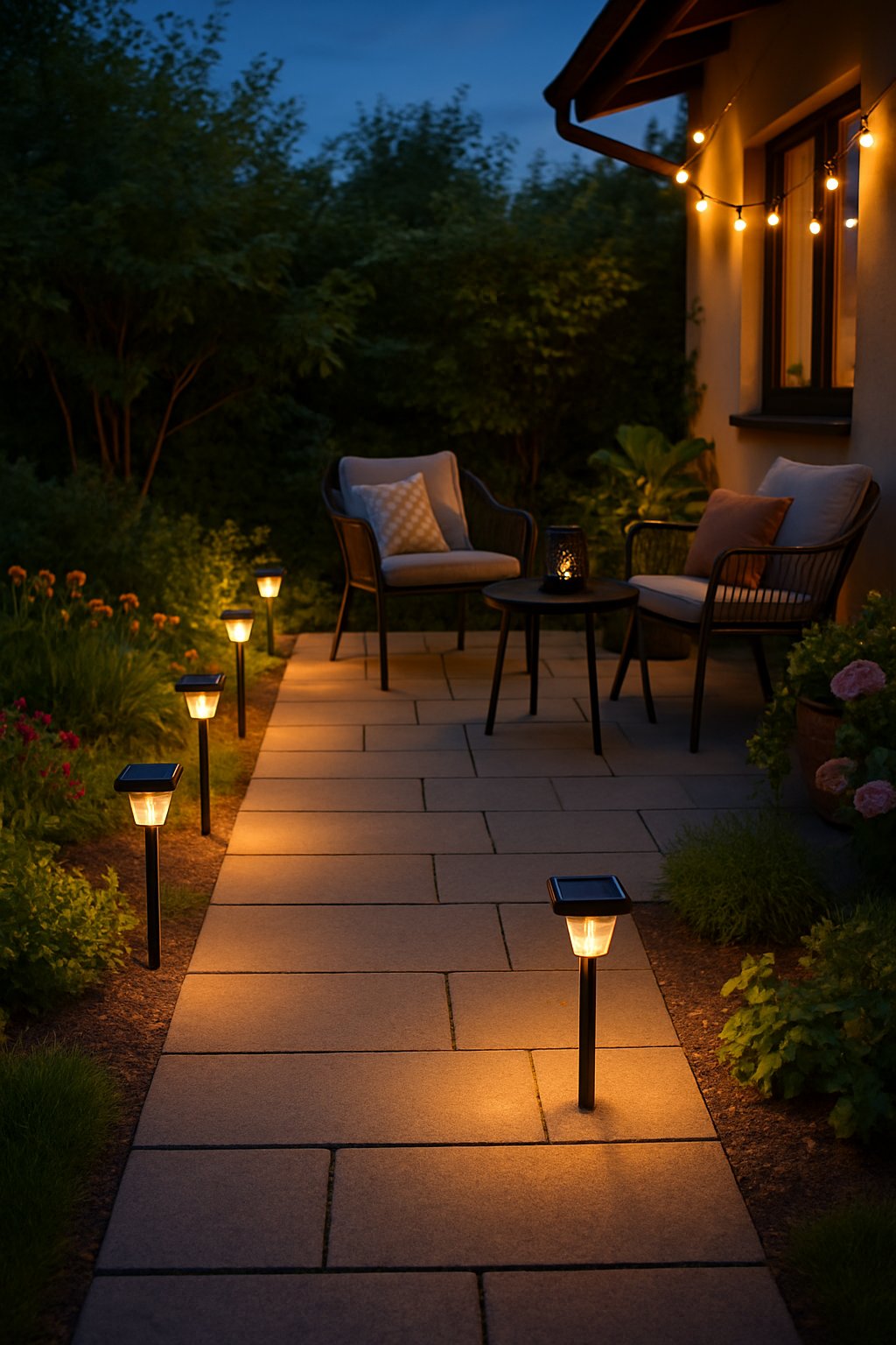 Outdoor patio at dusk with solar path lights illuminating a walkway surrounded by plants and outdoor furniture.
