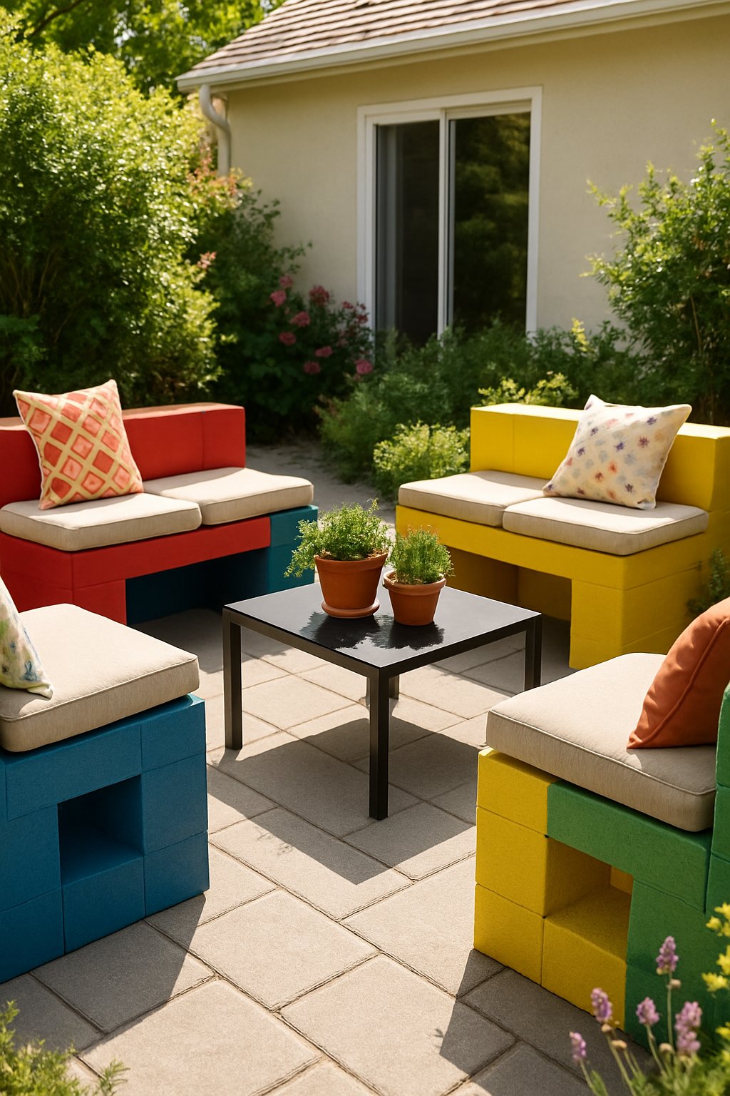 A back patio with colorful concrete block seating arranged around a small table, surrounded by plants and sunlight.